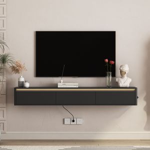 Mobile TV Sospeso a Parete con Luci LED e Presa di Corrente per TV Nera in Soggiorno - Product Image 1