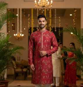 Conjunto de Kurta y Pajama de Seda Pintex con Arte Tradicional Premium para Hombre, para Bodas, Diwali y Graduaciones - Product Image 3