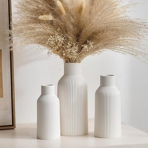 White <b>Ceramic</b> <b>Vases</b> Set of 3 Ribbed Matte Tabletop Flower <b>Vases</b> Modern Minimalist Decor for Home Wedding - Product Image 4
