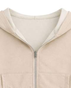 Sudadera con capucha corta para mujer, personalizada por el fabricante, con cremallera, color beige y bloques de color en felpa de algodón, estilo casual y urbano. - Product Image 5