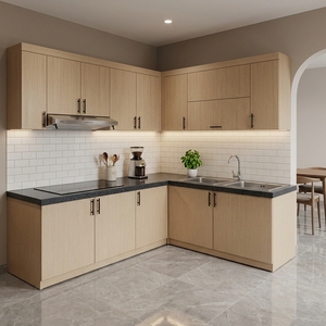 Muebles de Cocina Modulares Modernos de Madera en Forma de L con Encimera de Cuarzo Negro, Fregadero Doble, Base y Isla - Product Image 2