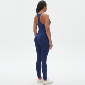 Ensemble de yoga 2 pièces sans coutures avec short et haut dos nu, taille haute, bleu marine uni, extensible dans les quatre sens, en Spandex et Polyester, infroissable, coupe haute à l'avant - Product Image 1