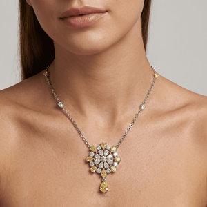 Collier pendentif floral en or blanc avec halo de diamants jaunes de culture en forme de poire, bijou de luxe, cadeau - Product Image 1