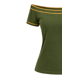 T-shirt vert olive pour femme, épaules dénudées, avec bordure contrastante moutarde, manches courtes, coupe ajustée, décontracté, haut d'été, fabricant - Product Image 2