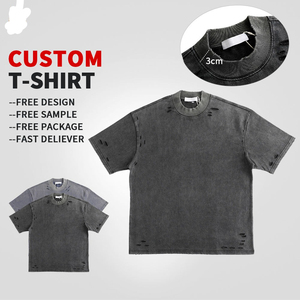 T-shirt en coton épais tricoté pour homme, coupe oversize vintage vieillie, design logo personnalisé, coupe carrée, motif à pois, anti-rétrécissement - Product Image 5