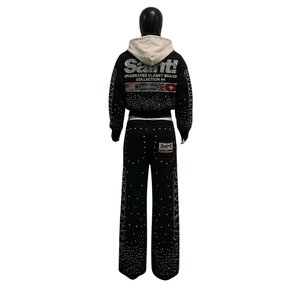 Custom Men's Rhinestone Hoodie and Sweatpants Set Full Zip Graphic Tracksuit Cotton Fleece Jogger Set Streetwear OEM ODM - Product Image 2