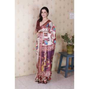 Sari de Seda Tussar con Estampado de Figuras Kalamkari, Color Granate, con Borde Tejido con Hilo Zari, Tejidos de Primera Calidad, 450g - Product Image 3