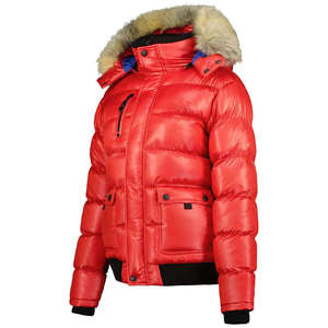 Veste matelassée rouge pour femme avec capuche en fourrure, fermeture éclair, manteau d'hiver à manches longues, rembourrage épais en polyester, logo personnalisé - Product Image 4