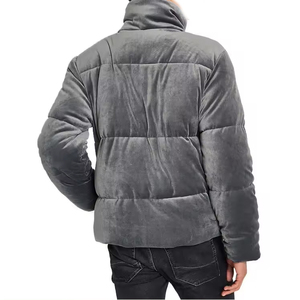 Blouson matelassé gris foncé pour homme, col montant, fermeture éclair, coupe-vent, rembourrage en polyester, hiver, à capuche, logo frontal, coupe classique - Product Image 3