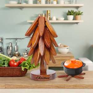 <b>Wooden</b> Christmas Tree <b>Trivet</b> Set Handmade Heat Resistant Table Decoration 20cm Diameter Modern Style - Product Image 4