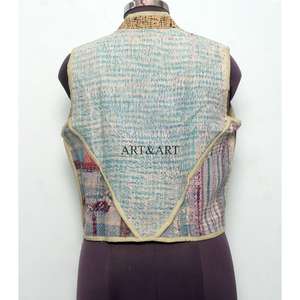 Gilet sans manches en coton 100% pour femme, tricoté à la main, écologique, respirant, séchage rapide, style vintage Kantha, col en V, automne - Product Image 5