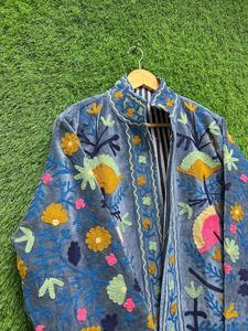 <b>Women</b> Sky Blue <b>Velvet</b> Suzani Embroidered <b>Jacket</b> with Floral Pattern Full Sleeve Stand Collar Bohemian <b>Women's</b> Spring Outerwear - Product Image 2