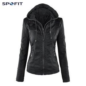 Blouson à capuche personnalisé pour femme, coupe ajustée décontractée, coupe-vent, fermeture éclair, en cuir PU avec capuche amovible, automne, OEM ODM - Product Image 2