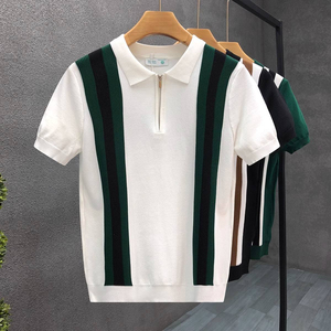Polo de Punto Blanco para Hombre con Rayas Verdes, Manga Corta, Corte Regular, Estilo Preppy, Ribete en Contraste - Product Image 5