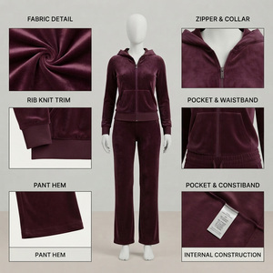 Ensemble de survêtement en velours pour femme, à capuche, manches longues, couleur unie, décontracté, 100 % coton respirant, coupe ajustée, avec patchs brodés - Product Image 5