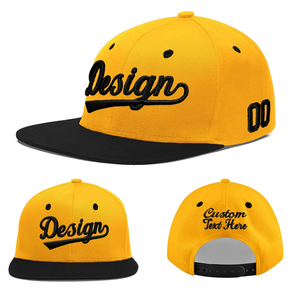 Custom Embroidered Snapback <b>Cap</b> 6-Panel Adjustable Unisex Street Style Baseball <b>Hat</b> Yellow Black Front Letter Design - Product Image 1