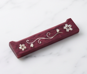 Repose-cuillère en bois avec incrustation de nacre, motif floral, brun rougeâtre, support à couverts pour cuisine et salle à manger - Product Image 1