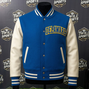 Delaware <b>Varsity</b> <b>Jacket</b> <b>Men's</b> Blue Leather Sleeve Embroidered Letterman <b>Bomber</b> Preppy Style Winter Casual Customized Colors - Product Image 2