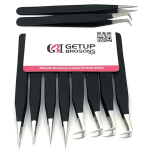 Nouvelles pinces à extensions de cils GETUP en acier inoxydable de qualité supérieure, revêtement poudré noir mat à 90 degrés, pointe argentée, pointe dentelée - Product Image 1