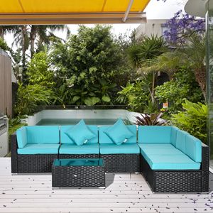 Set da conversazione da esterno in vimini turchese a 7 pezzi con cuscini e tavolo in vetro - Product Image 2