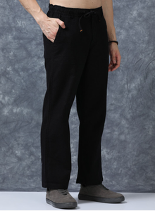 Premium Cotton <b>Trousers</b> For Men Black Solid Relaxed Fit Mid Rise Regular Pants <b>With</b> <b>Elasticated</b> <b>Waistband</b> And Drawstring Closure - Product Image 5
