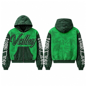 Sudadera con Capucha y Cremallera para Hombre Valley, 100% Algodón, Verde Invierno, Corte Regular, Tejido de Punto, Estampado de Letras, Diseño Casual Urbano - Product Image 1