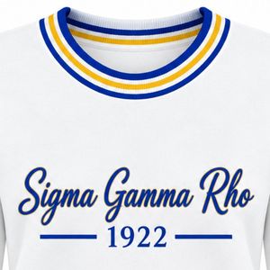 Pull blanc à col rond avec broderie Sigma Gamma Rho 1922 bleu et or, col et poignets rayés, ourlet côtelé, tricot personnalisé universitaire - Product Image 2