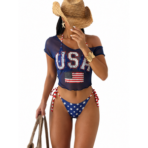 USA Flag Bikini Set Women 3 Piece Mesh Cover Up <b>Top</b> American Patriotic Swimsuit Star Stripe Tie Side Bathing Suit - Product Image 1