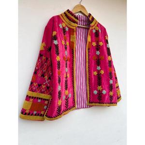 Veste en velours rose au design unique, brodée à la main, à manches longues, motif floral, col mandarin, ouverte sur le devant, unisexe, hiver - Product Image 3