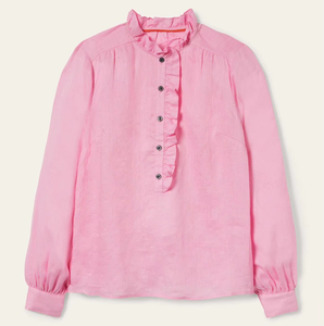 Blusas de Popelina de Algodón y Lino de Alta Calidad para Mujer, Tops de Otoño en Rosa con Cuello Alto y Volantes, Logotipo Personalizado, Tallas Grandes - Product Image 1