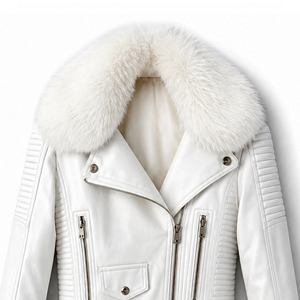 Custom <b>White</b> PU Leather Moto Jacket With Faux Fur Collar Zipper Closure Belted Slim Fit <b>Winter</b> Biker <b>Coat</b> For Unisex - Product Image 6