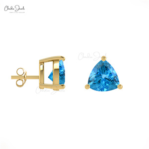 Pendientes de Oro Amarillo Real de 14K con Topacio Azul Suizo, Corte Trillón de 4MM, Diseño de Piedra de Nacimiento de Diciembre, con Cierre a Presión - Product Image 3