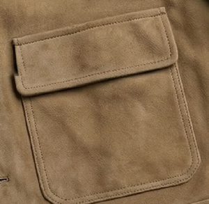 Gravs <b>Mens</b> Beige <b>Suede</b> Slim Fit Premium Leather Shirt Style <b>Jacket</b> Windproof Mandarin Collar Button Closure Flap Pockets Casual - Product Image 5
