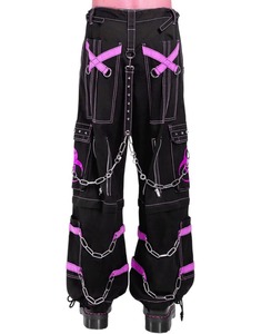 Pantalon pour homme style punk unique noir avec sangles roses, multiples poches, broderie chaîne, fermeture à cordon, mode automne - Product Image 2