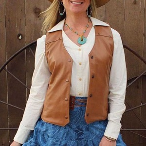 Gilet en cuir véritable camel pour femme, tricoté, style streetwear western, avec fermeture éclair - Product Image 1