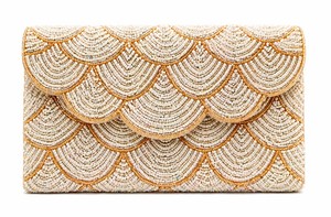 Beaded <b>Clutch</b> Purse Ivory Gold | Handmade <b>Wedding</b> Bag | Scallop Evening Handbag Gift| Handmade Bridal Statement Bag - Product Image 2