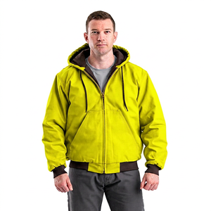 Men's <b>Hooded</b> <b>Fleece</b> <b>Jacket</b> Canvas Cotton Windproof Workwear Style Zipper Winter Solid Color Regular Fit Front Logo - Product Image 5