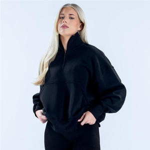 Sudaderas con Capucha para Mujer de Primera Calidad, Color Negro Medianoche, 100% Algodón, Cierre de Cremallera de un Cuarto, Alto GSM, Cómodas, con Cuello Alto - Product Image 6