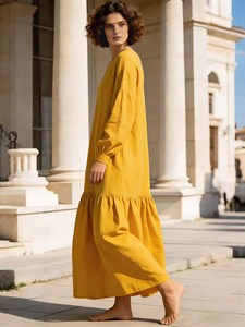 Women <b>Boho</b> Plain Maxi <b>Dress</b> <b>Long</b> Sleeve Cotton Linen Loose Fit Round Neck Flowy Casual Holiday <b>Dress</b> - Product Image 5