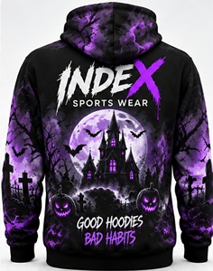 Sudadera con Capucha para Hombre, Diseño de Calabaza de Halloween, Estilo Casual Urbano, Corte Regular, Color Morado y Negro, Estampado Completo - Product Image 2