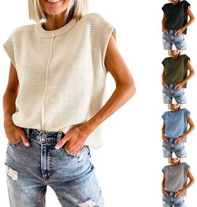 Débardeur en tricot sans manches à col rond, coupe ample décontractée, respirant, motif uni, 100 % coton, séchage rapide, pour femme, été - Product Image 1