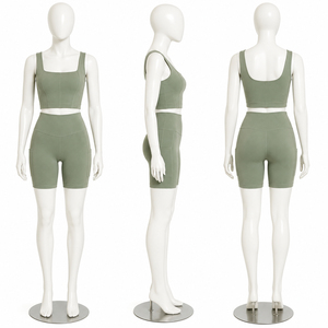 Women Casual Square Neck Yoga Set <b>High</b> Waist Pocket Biker Shorts Fitness Gym Workout Activewear Set Polyester/Cotton Summer - Product Image 2