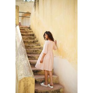 Robe midi en coton et lin pour femmes, col rond, manches 3/4, coupe ample, robe d'été décontractée - Product Image 1