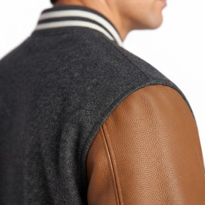 MEYBA SPORTS Men's Dark Gray Woolen Varsity Jacket Polyester Sleeves Stand Collar Single Breasted <b>Covered</b> <b>Button</b> High Street - Product Image 3