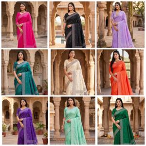 ผ้าไหมกันนีสีเขียวพรีเมียมเนื้อนุ่ม พร้อมผ้าสำหรับตัดเสื้อปักลายขอบด้วยด้าย  ชุดส่าหรีแบบดั้งเดิมสำหรับงานแต่งงาน งานเลี้ยง และงานเทศกาล - Product Image 5