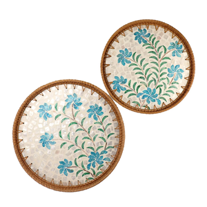 Gorgeous Round Rattan Mother Of Pearl Tray Blue Flower Pattern Platter Ideal For Cake <b>Coffee</b> Food <b>Display</b> Wholesale - Product Image 1