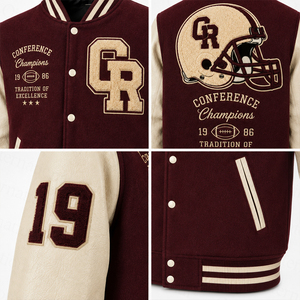 Chaqueta Varsity con Mangas de Cuero, Nombre del Jugador Personalizado Bordado en Chenille, Cuello de Punto Acanalado, Mangas de Cuero en Contraste - Product Image 6