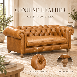Genuine Leather Midcentury Modern Tufted Back Three Seat <b>Sofa</b> with Rolled Arms and <b>Wood</b> <b>Legs</b> <b>Sofa</b> Bed for Warehouse Villa Use - Product Image 5