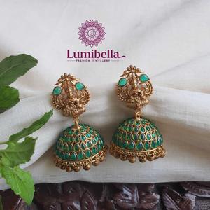 Green Stone Stud Earrings-Ethnic Religious Trendy Jewelry for Wedding Party Gift - Product Image 1