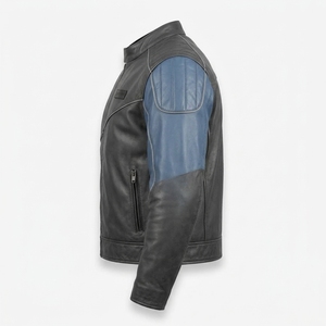 Chaqueta de Cuero para Hombre con Paneles Asimétricos en Bloques de Color, Estilo Motero, con Costuras Geométricas en Azul, Rojo y Gris Carbón, Cuello Alto y Forro Gráfico - Product Image 4